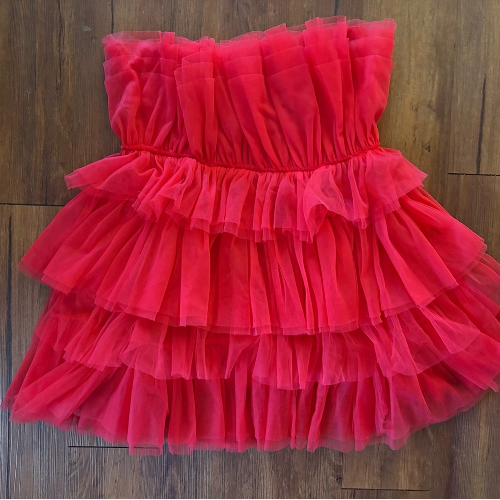 Altar'd State Strapless Red Tiered Tulle Mini Dress - Picture 2 of 6